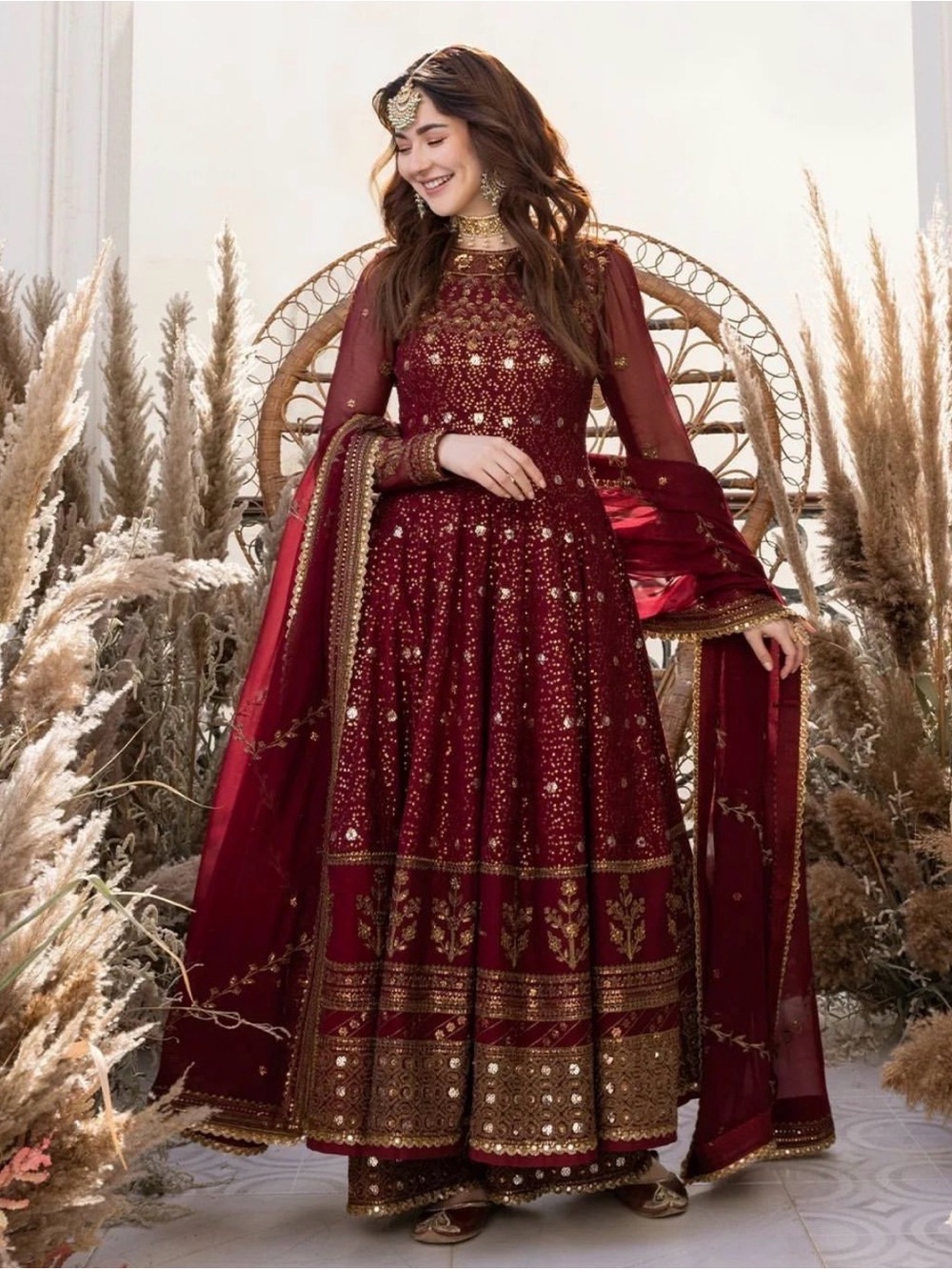 Maroon Embroidered Wedding Anarkali Dress with Gold Accents